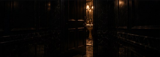 A lit doorway at the end of a dark hallway